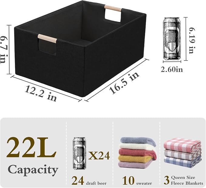 Foldable Fabric Storage Cubes, 2 Packs Cloth Storage Baskets with Wooden Handles, Collapsible Shelf Closet Organizer Bins, Rectangular Storage Boxes for Decor (Black 2 Pack)