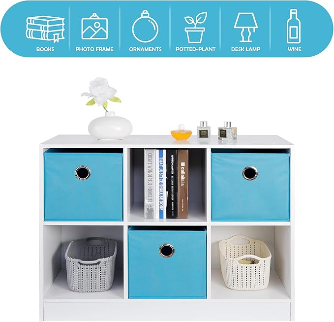 SUPER DEAL 6 Cube Storage Organizer 2 Tier Bookshelf with 3 Bins 3 x 2 Wood Open Shelf Cubby Bookshelves System Wide Toy Cabinet for Bedroom Living Room Kids, White/Light Blue 31.5 in Wide