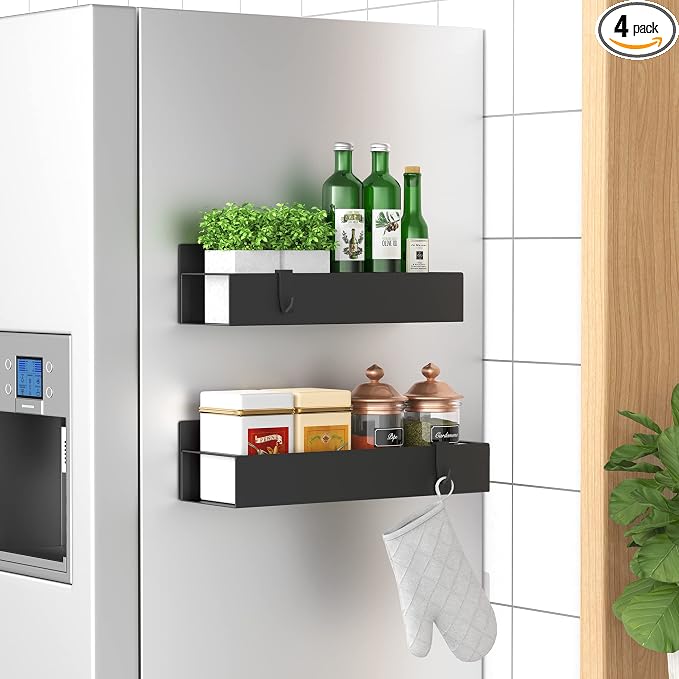 HuggieGems 2 Pack Magnetic Spice Storage Rack Organizer for Refrigerator and Oven, Black Fridge Organizers and Storage