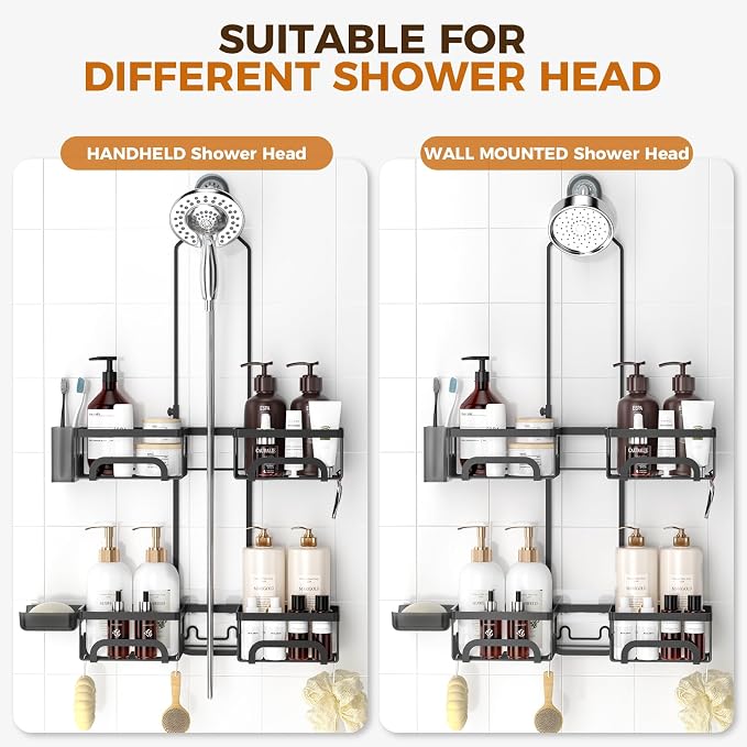REINHARDT Split Shower Caddy Hanging for Handheld Showerheads, Black | Adjustable Shower Organizer, Rustproof, 16 Hooks, Soap Holder, 40lbs Capacity, Anti-Slip, Tool-Free, Bathroom Accessories