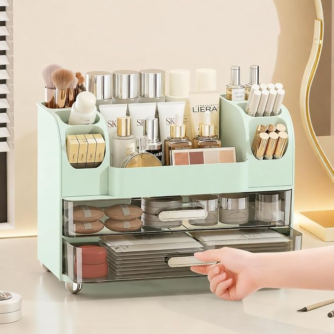 Large Makeup Organizer for Vanity - Perfume Cosmetic Display Cases | Skincare Organizers with 2 Drawers for Bathroom Dresser Desk, Easy to Store Brush Eyeshadow Lipstick Beauty Supplies, Green