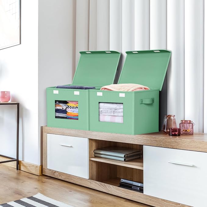 Univivi Fabric Foldable Storage Bins with Lids, 4 Pack, Green | Stackable Closet Storage Bins, Fabric Closet Organizers and Storage with Lid & Clear Window for Home, Office, Bedroom
