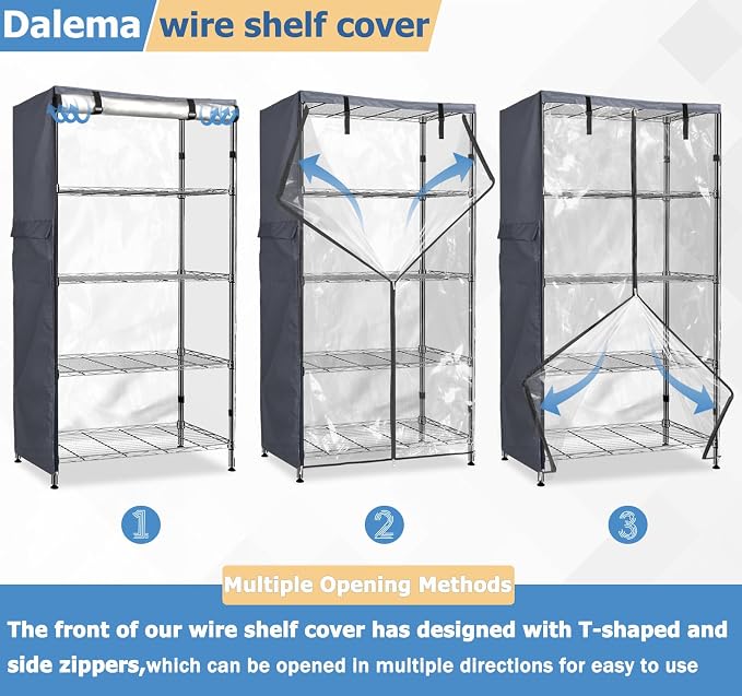 Waterproof Shelf Cover,600D Heavy Duty Dustproof Storage Wire Rack Covers,Outdoor Shelving Covers for Wire Shelves with Zipper 30''x14''x62'',Clear Front.