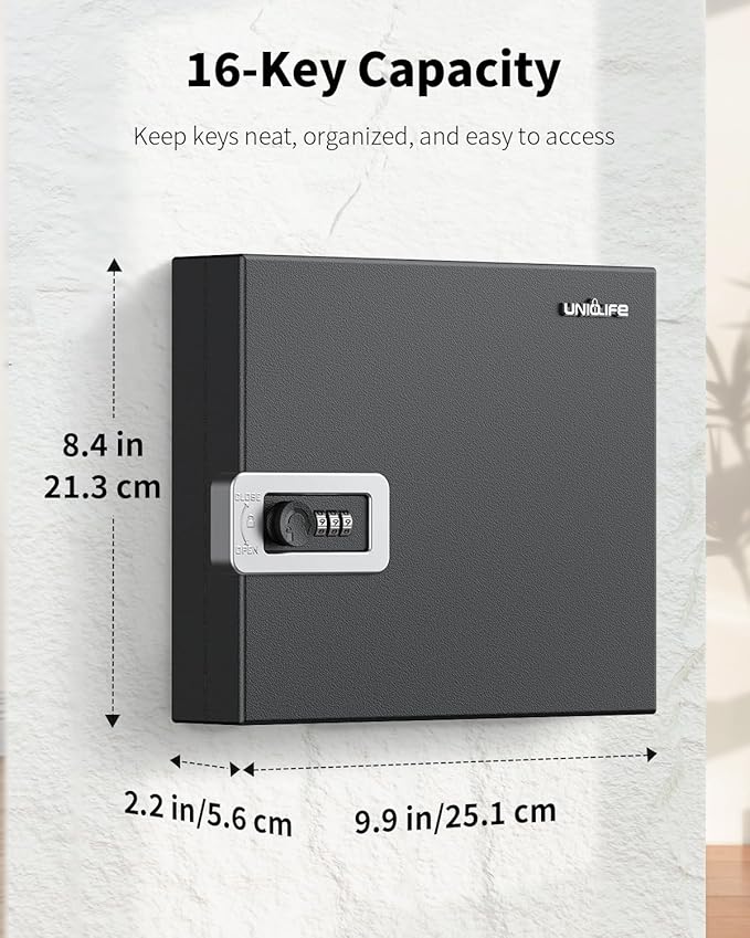 Uniclife 16 Keys Key Lock Box, Wall Mount Key Box, Key Cabinet | Car Key Organizer with Writable Key Racks and Tags, Security Key Holder Storage Box for Hotel, Office & Company