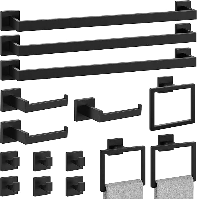 15-Pieces Matte Black Bathroom Accessories, 24 Inch Bathroom Hardware Set | SUS304 Stainless Steel Bath Towel Bar Set, Towel Racks for Bathroom Wall Mounted
