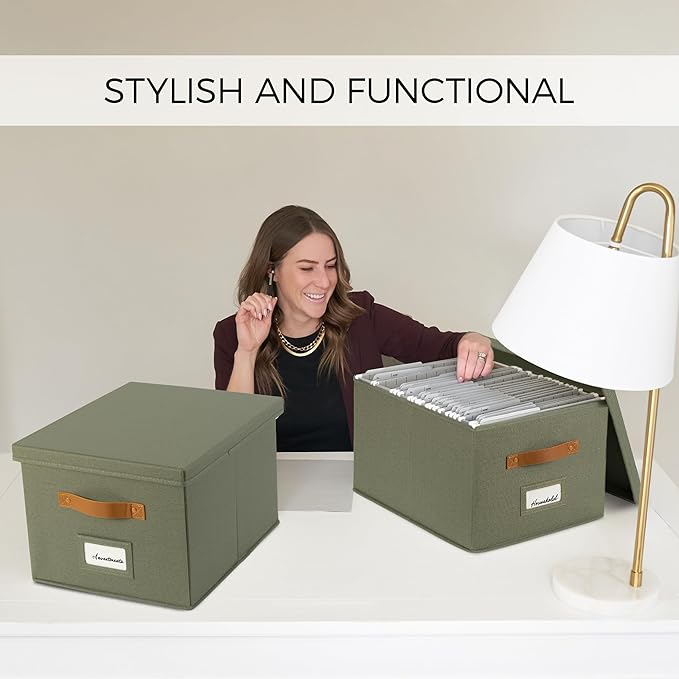 ZICOTO Decorative File Organizer Box Set of 2 - Collapsible Linen Filing Cabinets w/Handles Are Perfect to Store all Your Documents & Hanging File Folders - Portable Easy Slide Crates with Lid | Stores Documents and Hanging File Folders - Portable Offi...