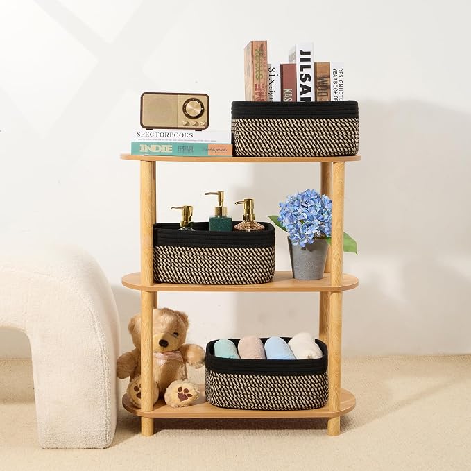 MiniArk Small Storage Baskets for Organizing | Closet Organizer Bins | Shelf Toy Basket | Woven Rope Baskets | Cube Decorative Box | Shallow Basket | 13x8.5x5.1” | 3 Packs Black Brown