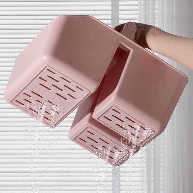 rejomiik Plastic Shower Caddy, Portable Basket with Bamboo Handle, Pink | Cleaning Caddy Organizer Tote for Bathroom, College Dorm Essentials, Bath Toy Storage, Cleaning Supplies