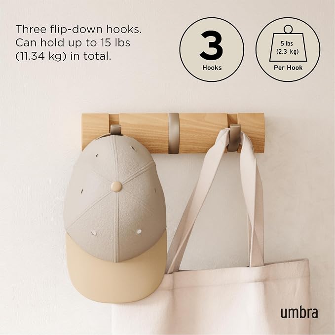 Umbra Flip Coat Rack, Wall Mount Retractable Hooks, 3-Hook, Natural/Nickel | Real wood and steel build, folds flat when not in use, holds coats bags and scarves, easy install