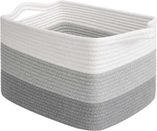 Goodpick Cotton Rope Closet Storage Bin, 13" x 10" x 9", Gradient Gray | Rectangle Gift Basket for Books, Towels & Toys Storage, Bedroom & Shelf Organization, Built-In Handles, Modern Home Decor