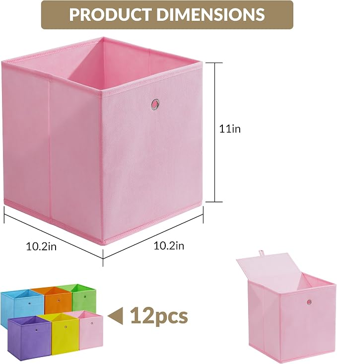 Garvee 12 Pack Storage Cubes, 10.2" Foldable Organizer for Cube Shelves | Colorful Storage Boxes with Reinforced Cardboard Bases Metal Handle, Breathable Fabric for Kids Room, Living Room & Bedroom