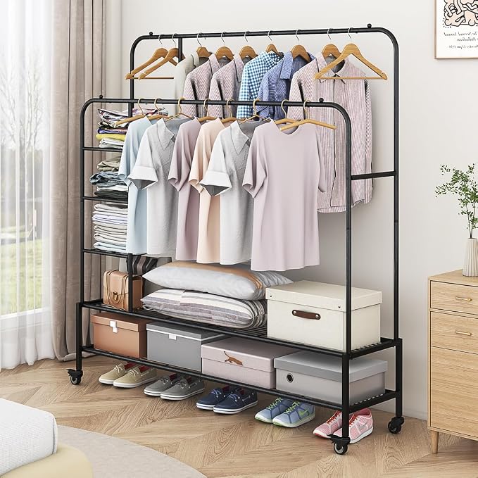 SUOERNUO Clothes Rack with Lockable Wheels Double Rods Metal Garment Racks | Portable Heavy-Duty Clothing Rack with Bottom, Rolling Clothes Shelves for Bedroom Laundry Living Room, Black