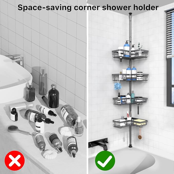 KEGII Corner Shower Caddy Tension Pole, Bathroom Rack, Dark Gray | 4-Tier, Large Capacity Shower Organizer with 28 Hooks, Space-Saving Rustproof Storage for Shampoo Towels and Accessories