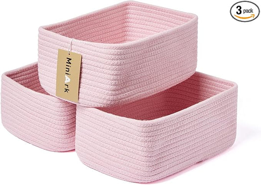 MiniArk Small Storage Baskets for Organizing | Closet Organizer Bins | Shelf Toy Basket | Woven Rope Baskets | Cube Decorative Box | Shallow Basket | 11.5x7.5x4.7” | 3 Packs Pink