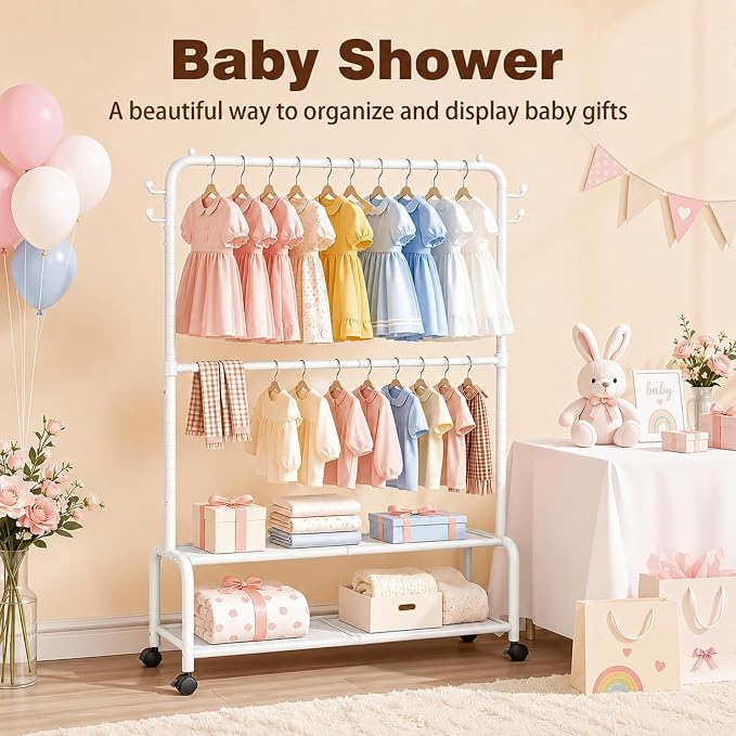 Rolling Kids Clothing Rack: 360° Wheels 2 Lockable for Easy Moving | 44 lb Hanging Capacity Metal Garment Rack with 2 Storage Shelves & 4 Hooks for Baby Toddler Young Kids, White