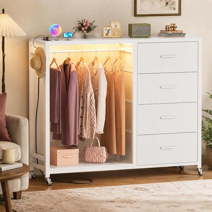 Cyclysio Storage Clothes Rack with 4 Drawers, Garment Rack with Charging Station & LED Lights, Fabric Chest Shelves Clothing Rack, Wooden Portable Wardrobe Closet