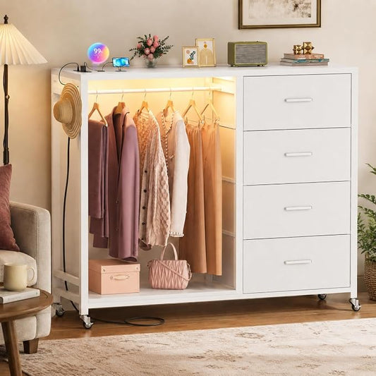 Cyclysio Storage Clothes Rack with 4 Drawers, Garment Rack with Charging Station & LED Lights, Fabric Chest Shelves Clothing Rack, Wooden Portable Wardrobe Closet