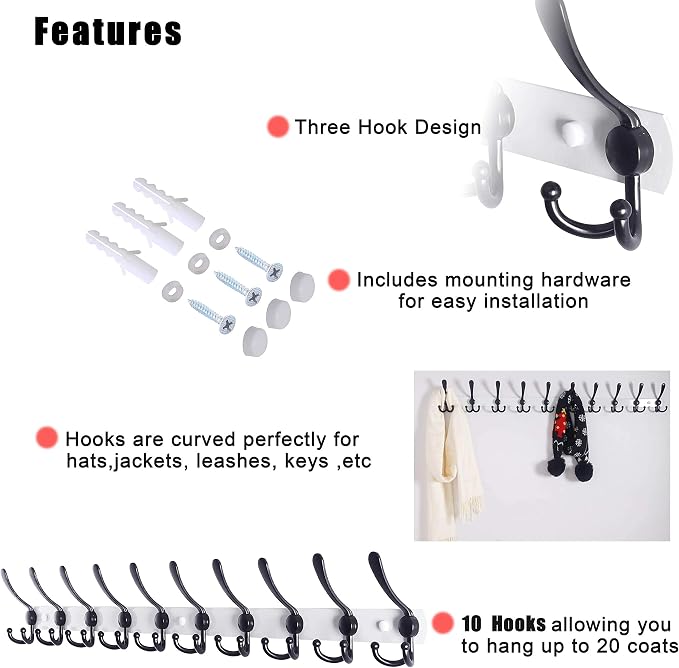 Dseap Coat Rack Wall Mount - 38” Long 10-Tri-Hooks Heavy Duty Coat Hanger Rail Wall Hooks for Hanging Coats Hats Clothing Clothes Purse Mudroom Entryway, White/Black