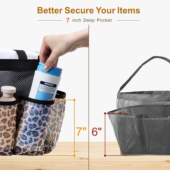 Mesh Shower Caddy Portable - 8 Pockets, S-Hook, Shower Bag for Dorm Camping | 2-Handle, Quick-Dry, Hanging Toiletry Organizer, College Dorm Room Essentials for Girls, Gym, Travel & Bathroom, Leopard