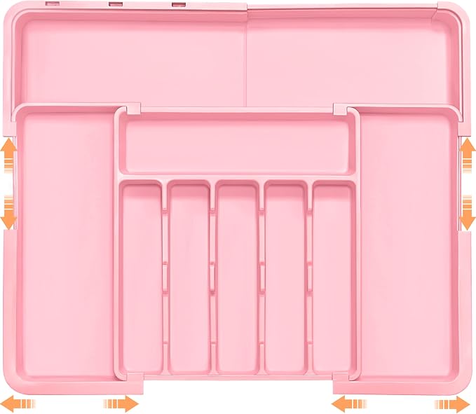 Silverware Organizer Expandable Kitchen Utensil Drawer Organizer Large BPA Free Adjustable Cutlery Silverware Tray for Spoons Forks Knives Storage Divider for Kitchen Flatware 6-9 Slots Pink