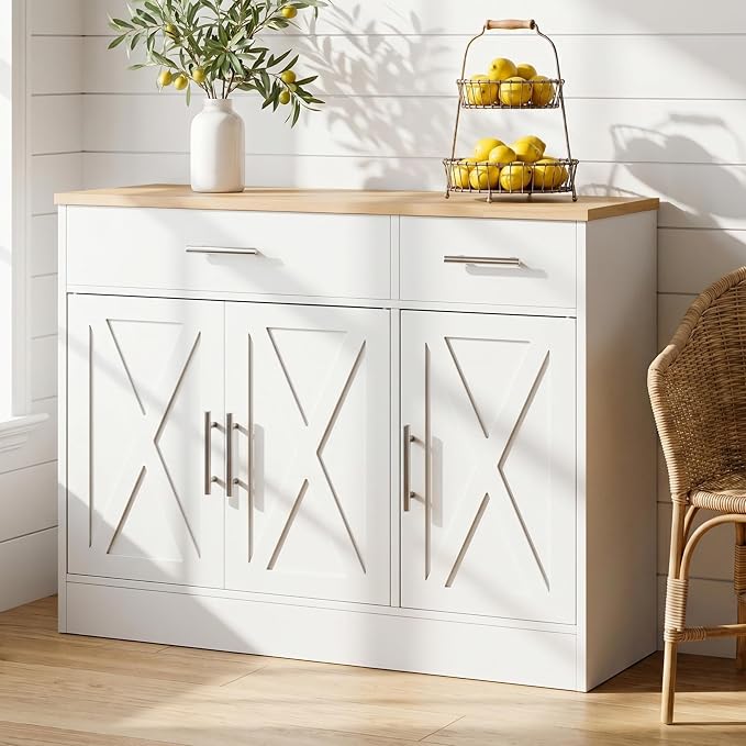 Kitchen Buffet Sideboard Cabinet with Storage, Farmhouse Kitchen Cabinet with 3 Doors and 2 Drawers, Coffee Bar Cabinet with Storage for Living Room, White