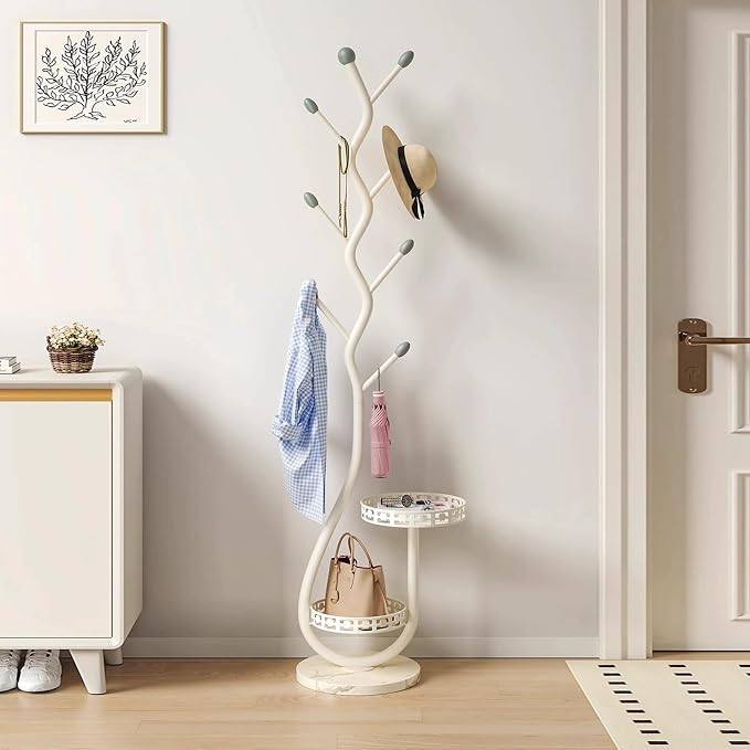 Metal Standing Coat Rack, Small Space Coat Rack Freestanding Hanger Coat Stand with Natural Metal Base & 8 Hooks, Tree-Shaped Coat Rack for Entryway, Hallway, Bedroom, can Hang Clothes, Hats (White)