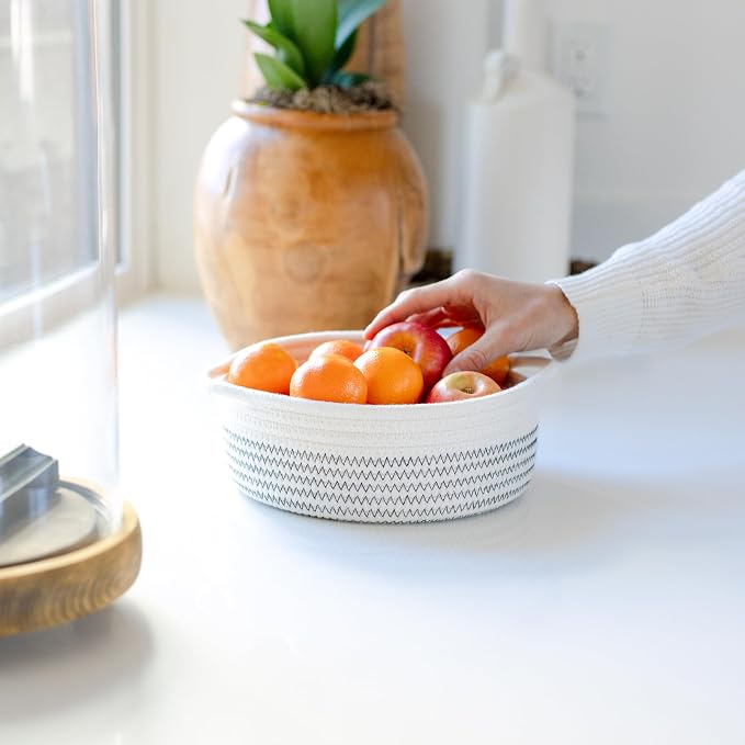 NaturalCozy 5-Piece Round Woven Cotton Rope Storage Baskets for Organizing, Small Shallow Nesting Set for Montessori Toys, Entryway Catchall, Fruit Bowl, Key Tray, Remote Holder, Nursery & Pet Toys