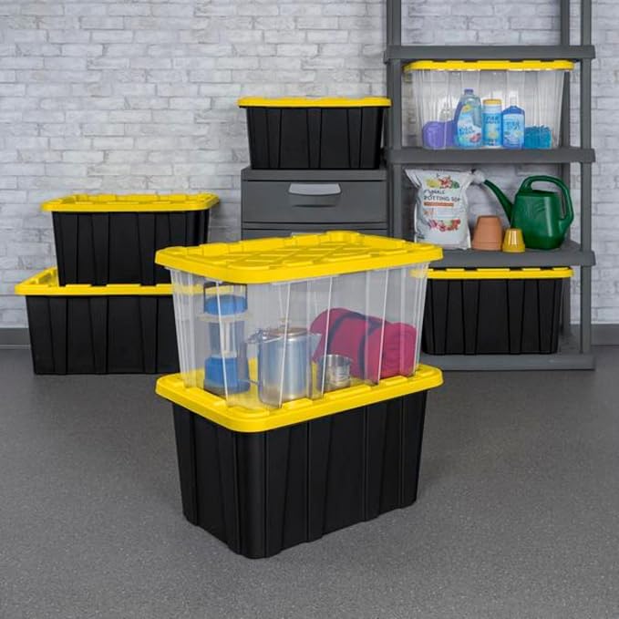Sterilite Industrial Storage Tote with Lids for Garage, 27 Gallon, 12-Pack | Heavy-Duty and Stackable Utility Box Containers for Home, Office, and Basement Organization, Black/Yellow