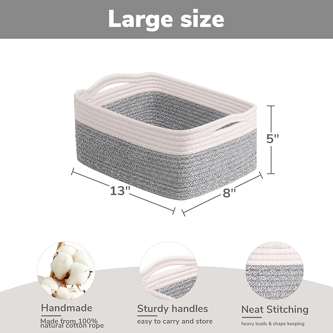 Goodpick 3-Pack Cotton Rope Baskets for Shelves, 13 x 8 x 5 in | Rope Baskets for Shelves, Closet Organizer Bins,Empty Baskets for Gifts, Woven Basket for Living Room, White & Brown