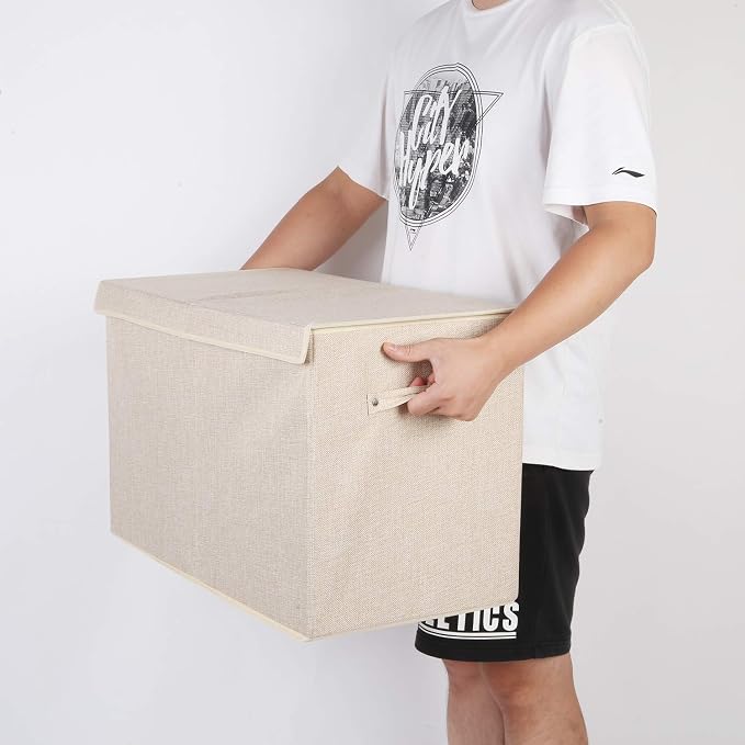 Large Toy Box Chest Storage with Flip-Top Lid, Kids Toy Storage Bin Boxes | Toy Chest with Rivets Handles for Kids, Boys, Girls, Nursery, Playroom, Living Room, Bedroom, 25"x 13" x 16" (Linen Beige)