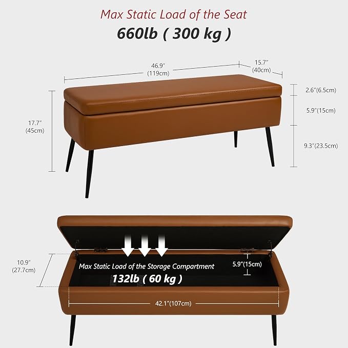 kinmars Leather Storage Ottoman Bench, End of Bed Bench with Steel Legs | Brown Leather Smooth Upholstery Design | 660 lb Capacity | Safety Hinges |Mid-Century Modern Style | Bedroom & Entryway