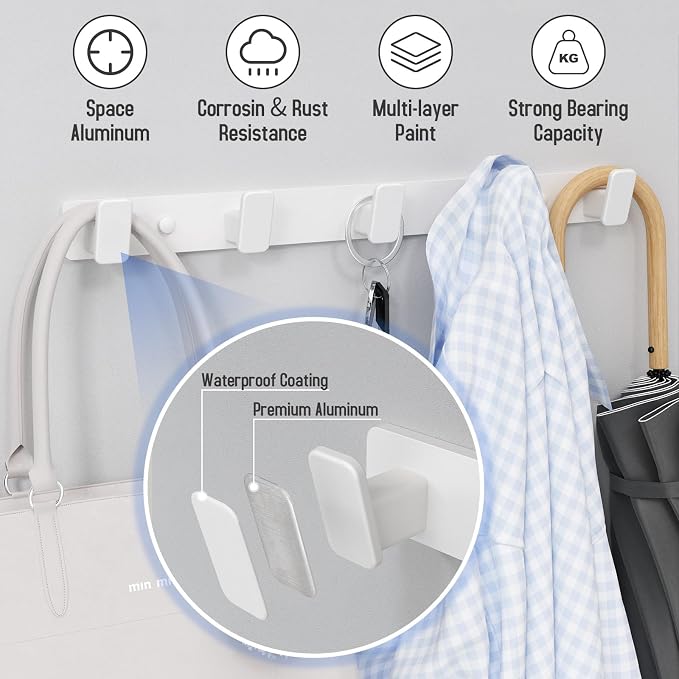 White Wall Mount Coat Rack, 5 Wall Hooks For Hanging Key Holder Hat Hooks | Heavy Duty Door Hooks Coat Hooks Rack Wall Mounted for Entrance Robes, Bags, Keys, and Towels Bathroom Towel Hanger, 1 Pcs