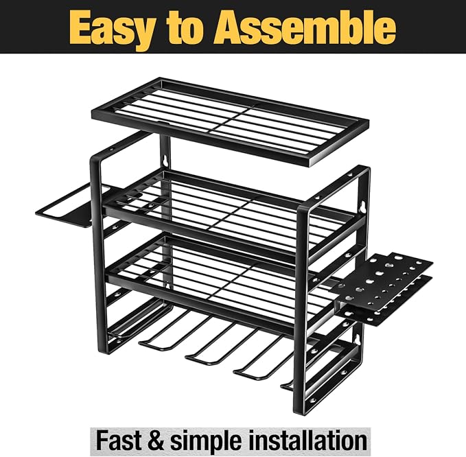 YYR 4 Layer Power Tool Organizer Wall Mount, Cordless Drill Hanger Storage Rack, Battery Tools Holder with Charging Station Shelf for Garage Organization, Workshop, Pegboard, Shed - 16 Inch 4 Slots