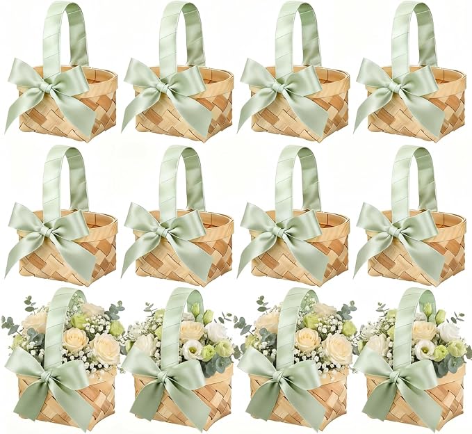 12 Pcs Mini Flower Girl Basket Mini Woven Baskets with Pearl Handles Wood Chip Flower Fruit Picnic Holder with Sage Green Ribbon Smell Gifts Bucket for Wedding Party Gifts Birthday Decoration