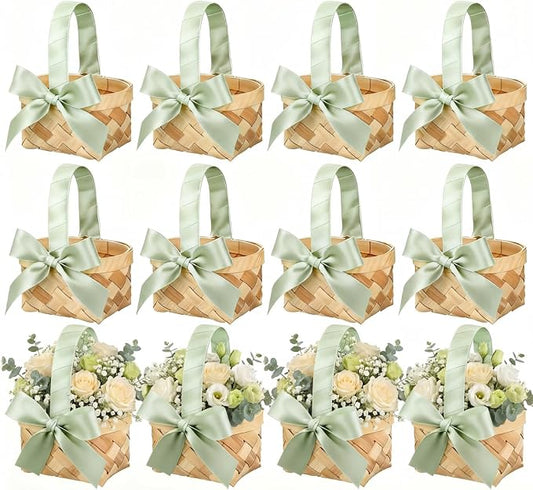 12 Pcs Mini Flower Girl Basket Mini Woven Baskets with Pearl Handles Wood Chip Flower Fruit Picnic Holder with Sage Green Ribbon Smell Gifts Bucket for Wedding Party Gifts Birthday Decoration