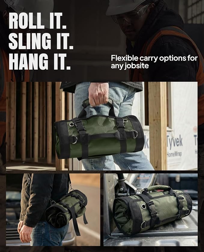 Tool Roll Up Bag, 1680D Heavy Duty Tool Bag Organizer with 2 Detachable Tool Pouches & Multiple Pockets, Waterproof Motorcycle Tool Roll for Mechanic & Electrician, Gift for Men Him Dad, 21.9"*13.8"