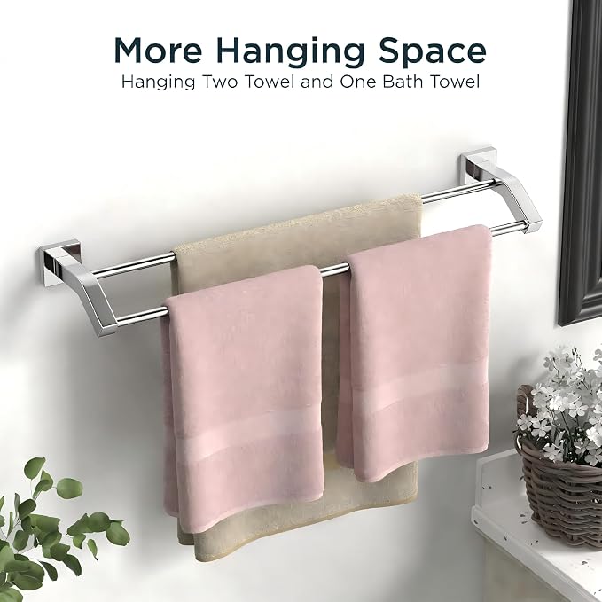 FORIOUS Double Towel Bar 24 Inch, Bathroom Towel Rack Square Chrome | Heavy Duty Towel Racks for Bathroom Bedroom, Space Saving, Rustproof, Stainless Steel Towel Holder, Total Length 26 Inch