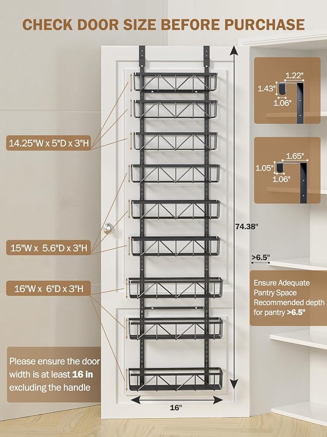Delamu Adjustable Over the Door Pantry Organizer, 9-Tier Metal Pantry Organization and Storage for Kitchen, Hanging Spice Rack Seasoning Shelves, Cabinet Door Organizer for Easy Install, 16" Black