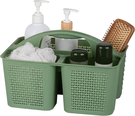 Plastic Portable Shower Caddy Basket with Handle, 3 Compartments, Green | Storage Organizer with Drain Holes, Sturdy and Durable For Bathroom, Kitchen, College Dorm, Sink, Camping