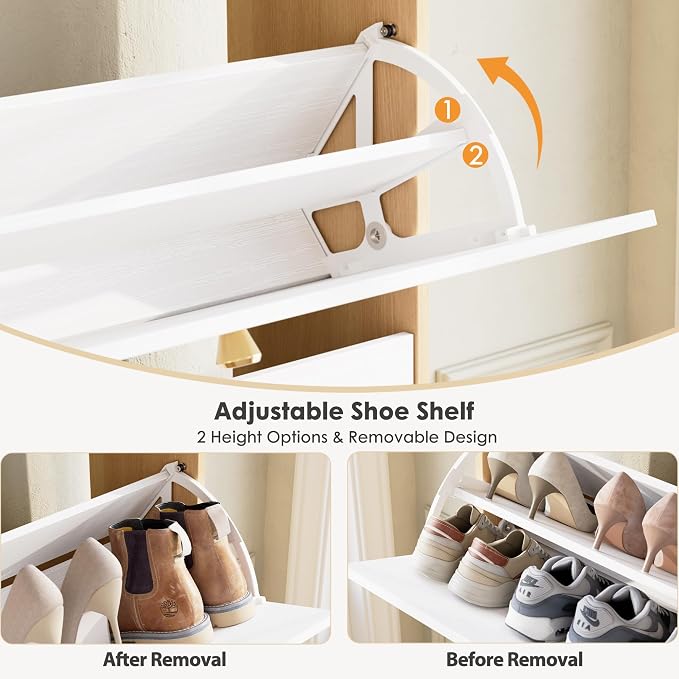 Nicetree Shoe Storage Cabinet with 3 Flip Drawers, Natural Oak and White | Narrow Shoe Organizer, Freestanding Shoe Rack Cabinet, Modern Shoe Storage Cabinet for Entryway, Hallway, Foyer, With Hook