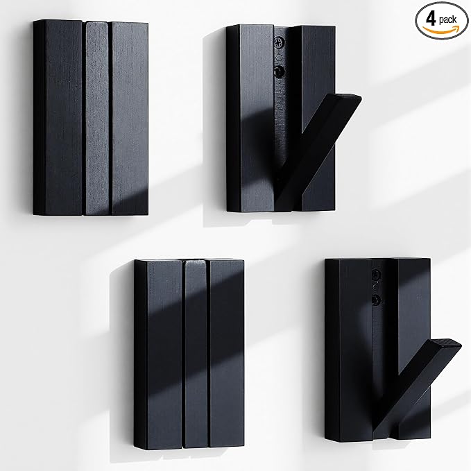 Wood Wall Hooks for Entryway: 4Pack Folding Black Modern Coat Hooks | Heavy Duty Hanger for Hanging Towels Backpack Bags Jackets - Space Saving Minimalist Design for Aesthetic Homeowners