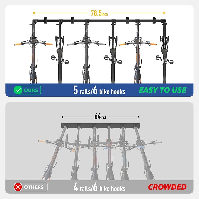 monTEK Enhanced Garage Bike Rack, Adjustable 6 Bike Hangers for Garage | Equipped with 78.5in Extended Rail,Accommodate Various Bicycle Sizes,Heavy-Duty Steel Bike Wall Mount,Max Capacity 330 lbs
