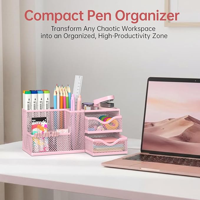 Mesh Desk Organizer with 2 Drawers, Metal Pen Holder for Desk, Pink | Versatile Storage for Pens, Notes, Clips, Desk Accessories and Office Supplies for School Office Classroom