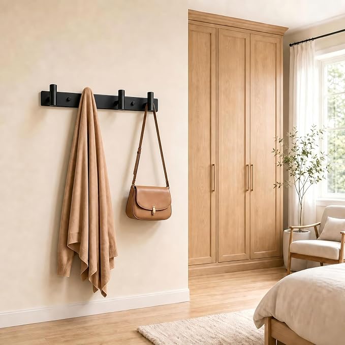 Coat Rack Wall Mounted-4 Hooks, Heavy Duty Stainless Steel Wall Hooks for Towel Coat Bag, Hat Rack Coat Hanger Coat Hooks Towel Racks for Bathroom Entryway Kitchen Hotel (Black, 2 Packs)