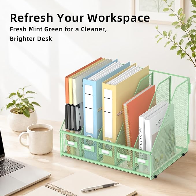 SUPEASY Desk Organizers Metal Desk Magazine File Holder with 5 Vertical Compartments Rack File Organizer for Office Desktop, Classroom, Home Workspace, Green, Plus