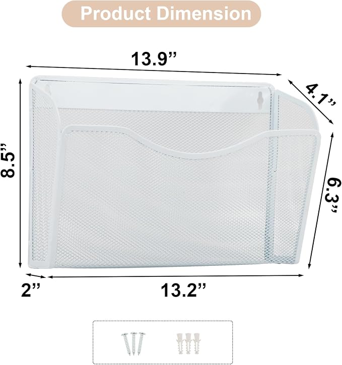 EASEPRES 3 Single Pocket Mesh Hanging File Organizer, Vertical Wall Mounted Magazine File Holder, Mount Basket Mail Paper Document Folder Organizing for Office, Home and School, White