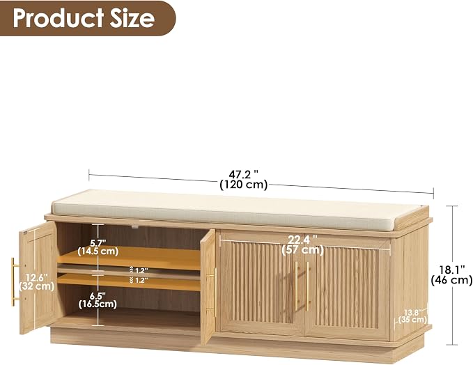 Akxomel 47.2" Fluted Shoe Storage Bench 4 Doors Wooden Entryway Bench Oak | 2 Tier Shoe Bench with Padded Cushion, Adjustable Shelves and 4 Doors, Curved Profile, for Hallway, Living Room, Bedroom