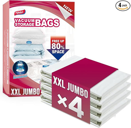 TAILI Vacuum Storage Bags 4 Pack, XXL Jumbo Size 47x39 Inch, Cream | XXL Large Vacuum Seal Bags for Clothing, Huge Space for Bedding, Comforters, Pillows, Toy, Save More Closet Space