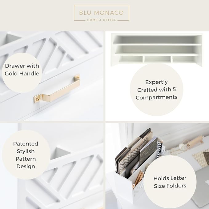 BLU MONACO | White Wooden Desk Organizer & Mail Organizer with Drawer & Gold Handle | Mail Sorter Countertop | 6 Compartments | White Desktop Organizer for Desk