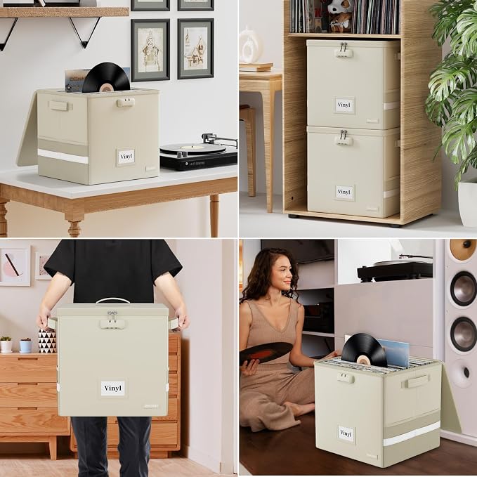 DocSafe Fireproof Vinyl Record Storage Box with Lock, Beige, 13"x13"x13" | Record Organizer for 100+ Single Records(12-inch),Collapsible,with Lid&Handles,Valuable Album Collection,Home&Travel Safe